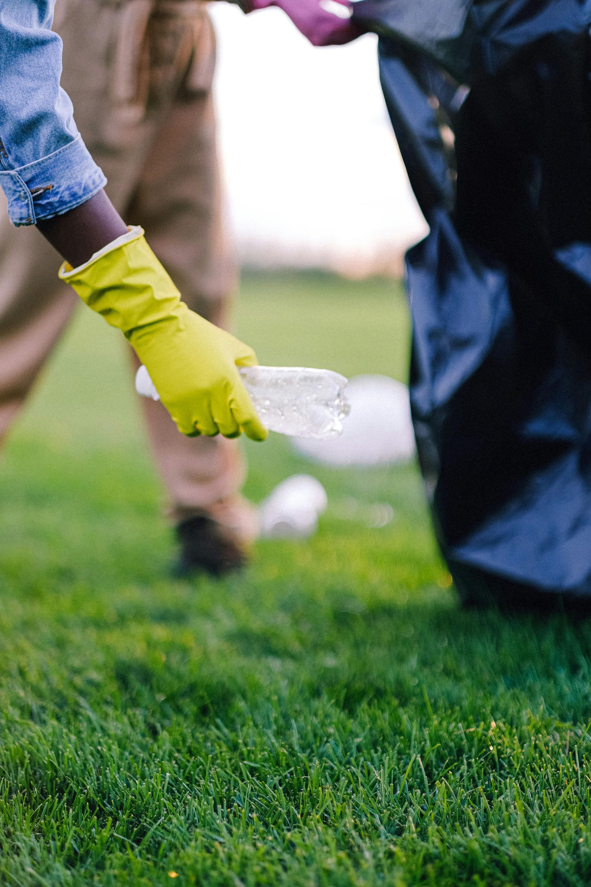 A person wearing yellow gloves is picking up a plastic bottle from the grass.