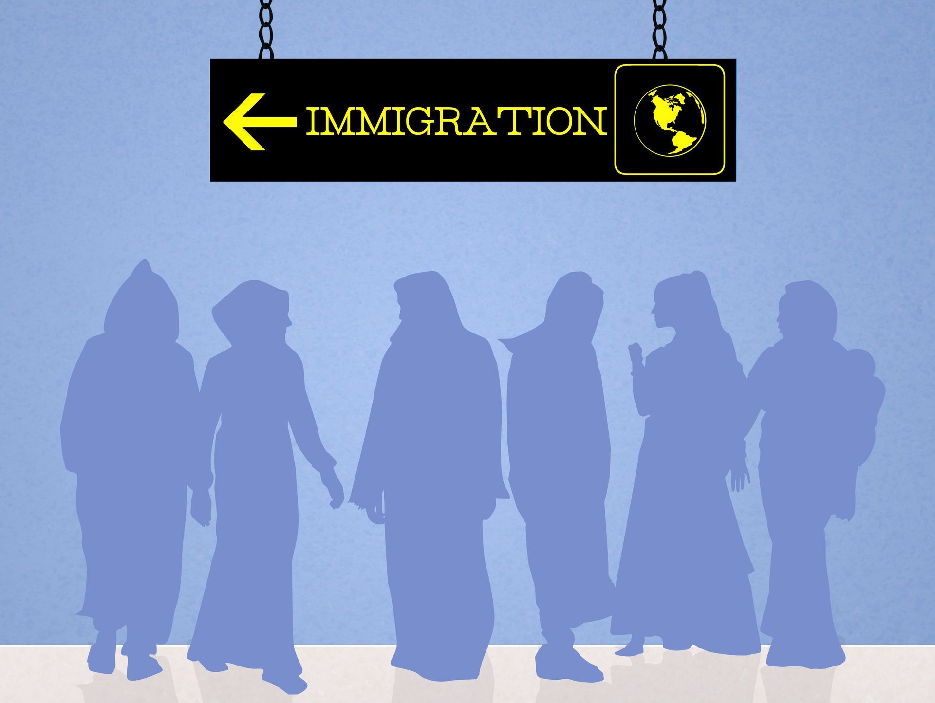 Silhouettes of six women in robes standing in front of an 