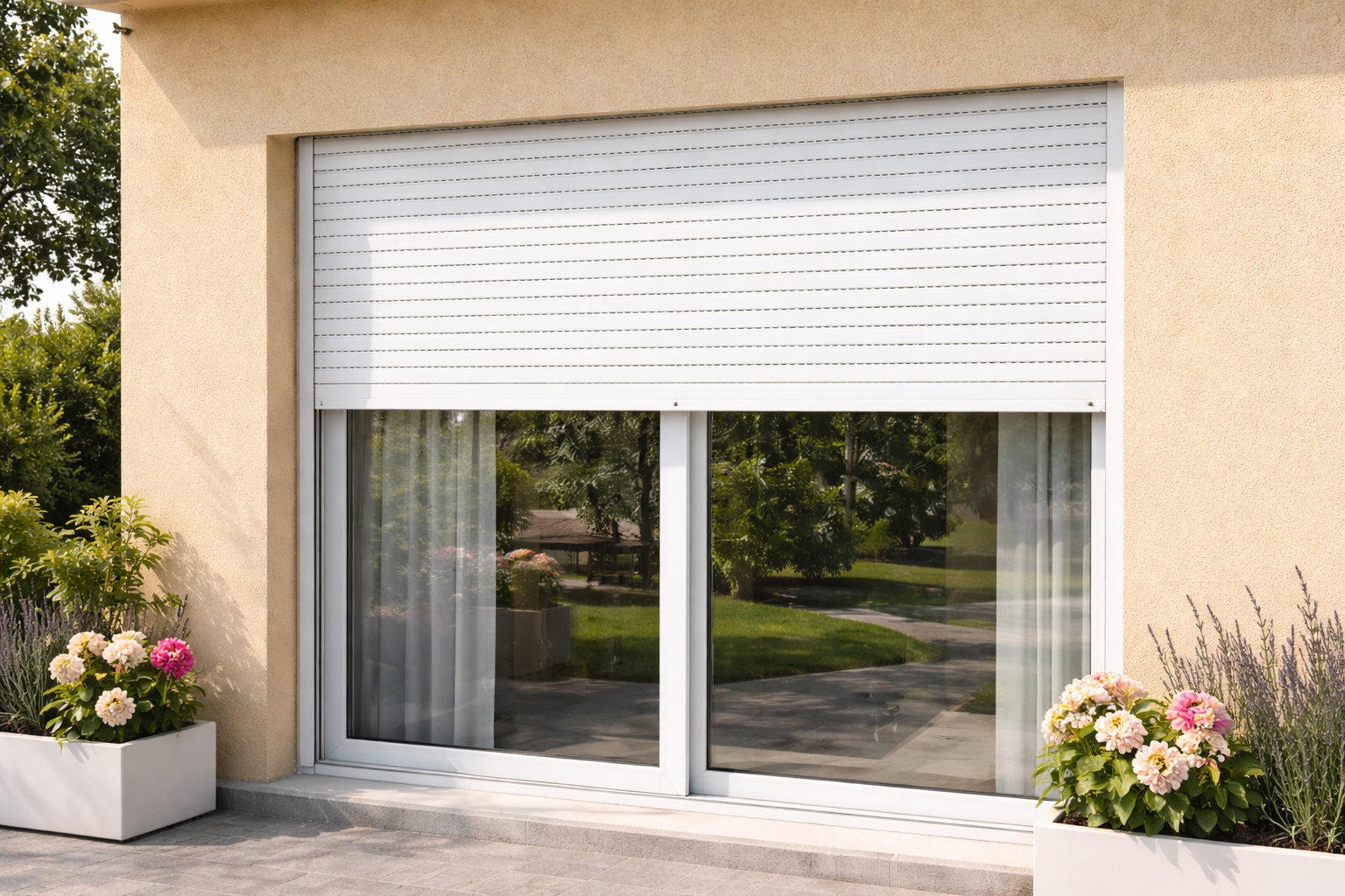Una porta scorrevole in vetro bianco con una serranda di sicurezza a lamelle orizzontali bianche parzialmente abbassata, fiancheggiata da vasi di fiori.