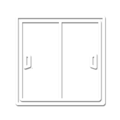 Un'icona bianca e lineare raffigurante una porta scorrevole in vetro con due pannelli e dettagli della maniglia.