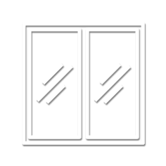 Un'icona stilizzata bianca raffigurante una finestra a doppio vetro con tratti diagonali riflettenti su ciascun vetro.
