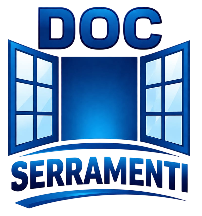 Un logo blu raffigurante una cornice di finestra aperta, la parola "DOC" sopra e "SERRAMENTI" sotto, su sfondo bianco.