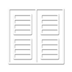 Una coppia di persiane bianche, ciascuna composta da due pannelli con lamelle orizzontali.