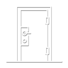 Un'icona minimalista, bianca e lineare, raffigurante una porta chiusa con maniglia e due cerniere, su uno sfondo neutro.