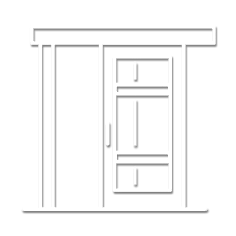 Disegno schematico in bianco e nero di una porta con un pannello di finestra verticale alla sua sinistra.