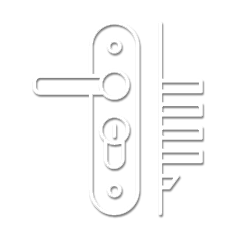 Un'icona stilizzata bianca che raffigura una maniglia per porta, con leva, serratura e meccanismo di chiusura sulla destra.