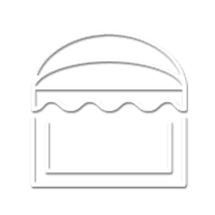 Icona stilizzata in bianco di una vetrina o di una bancarella con una tenda da sole ondulata sopra una finestra rettangolare.