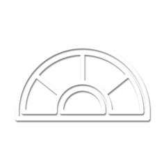 Disegno schematico in bianco e nero di un telaio di finestra semicircolare diviso in cinque segmenti da montanti radiali.