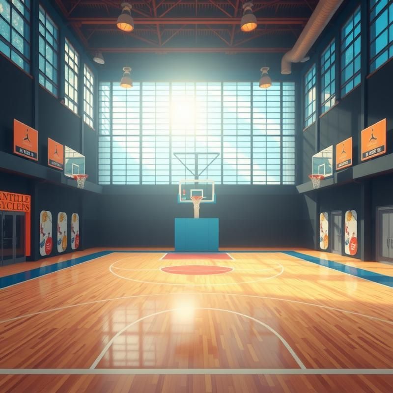 An empty basketball court with a sign that says ' athletic center ' on it