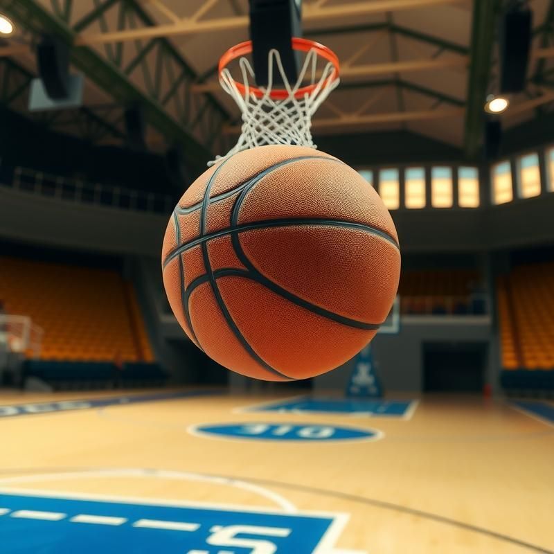 A basketball is hanging from a net on a basketball court