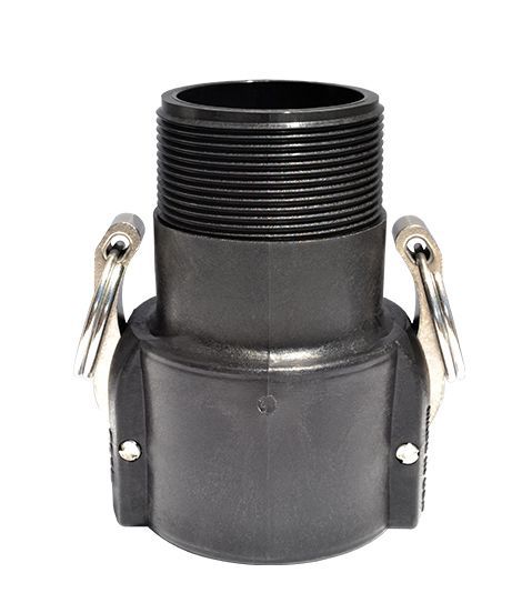 Black cam and groove fitting with male threaded end and two handles.