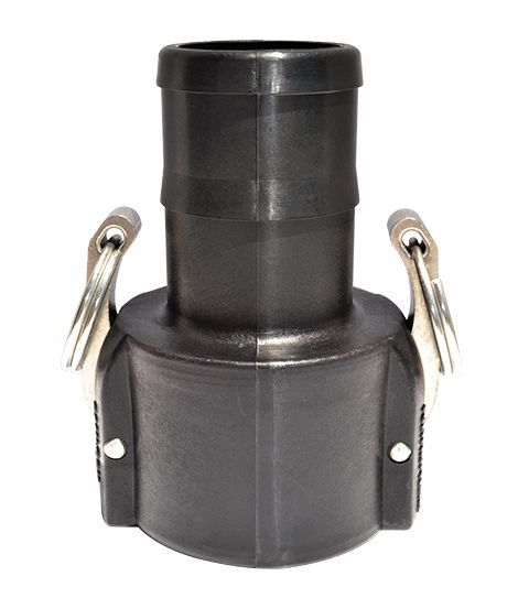 Black cam and groove fitting with hose barb, stainless steel handles.