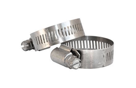 Two stainless steel hose clamps with slotted bands and screw tightening mechanisms.