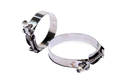 Two stainless steel T-bolt clamps, used for connecting pipes or hoses, with a tightening bolt mechanism.