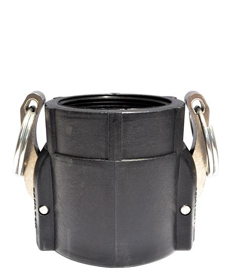 Black female cam and groove coupler with silver handles.