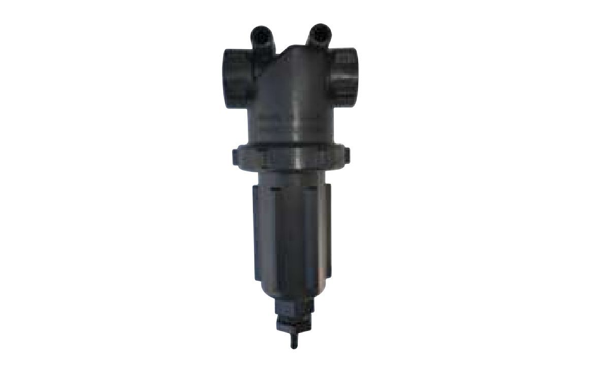 Dark gray plastic irrigation filter.