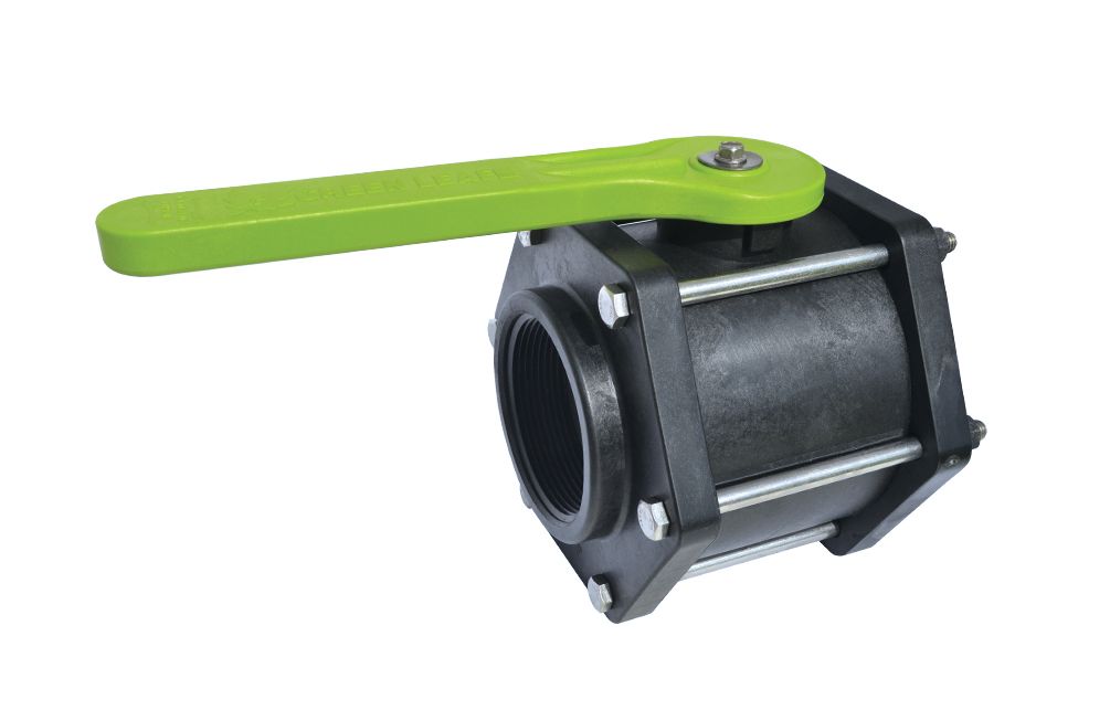 Black ball valve with green handle.
