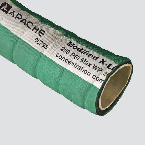 Green industrial hose with white label: