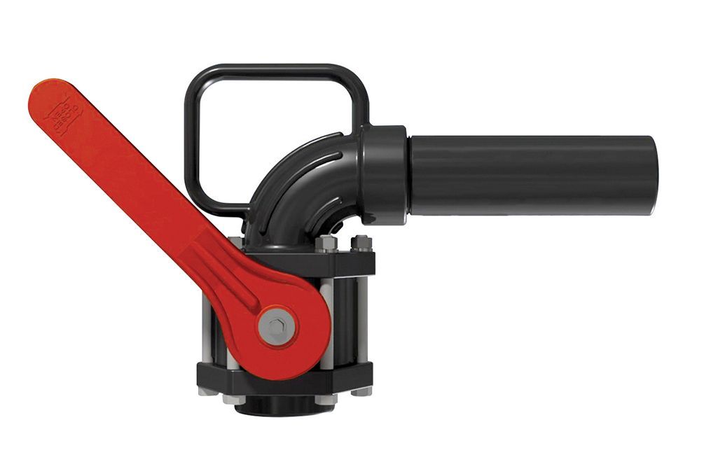 Red-handled valve with a black handle, elbow and nozzle, against a white background.