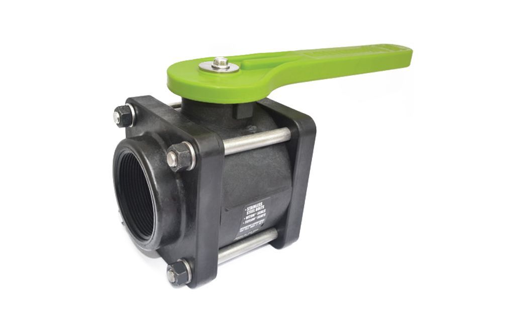 Black ball valve with green handle, with flanges and bolts.