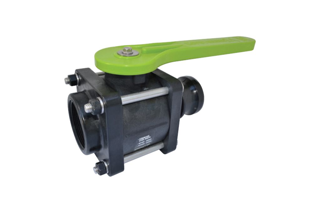 Black ball valve with a green handle.