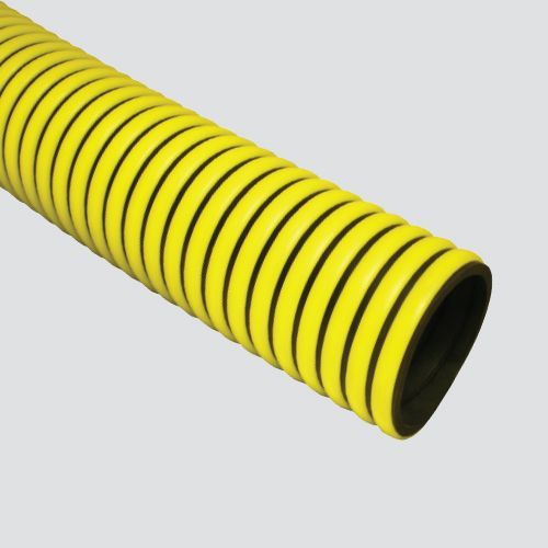 Yellow and black corrugated hose, open at the end, angled on a grey background.