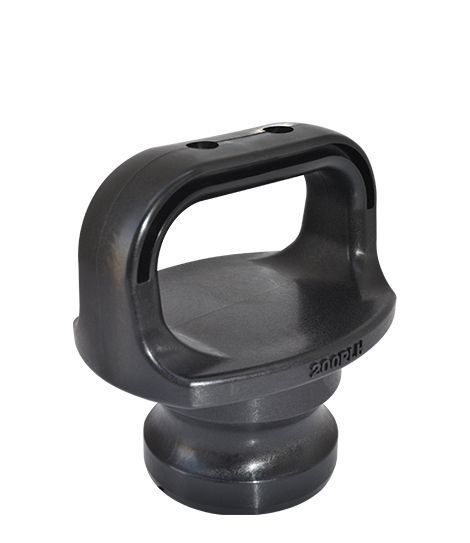Black pintle hitch, with a large loop, on a rounded base for a trailer connection.