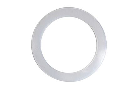 Flat, silver ring with a circular hole in the center.