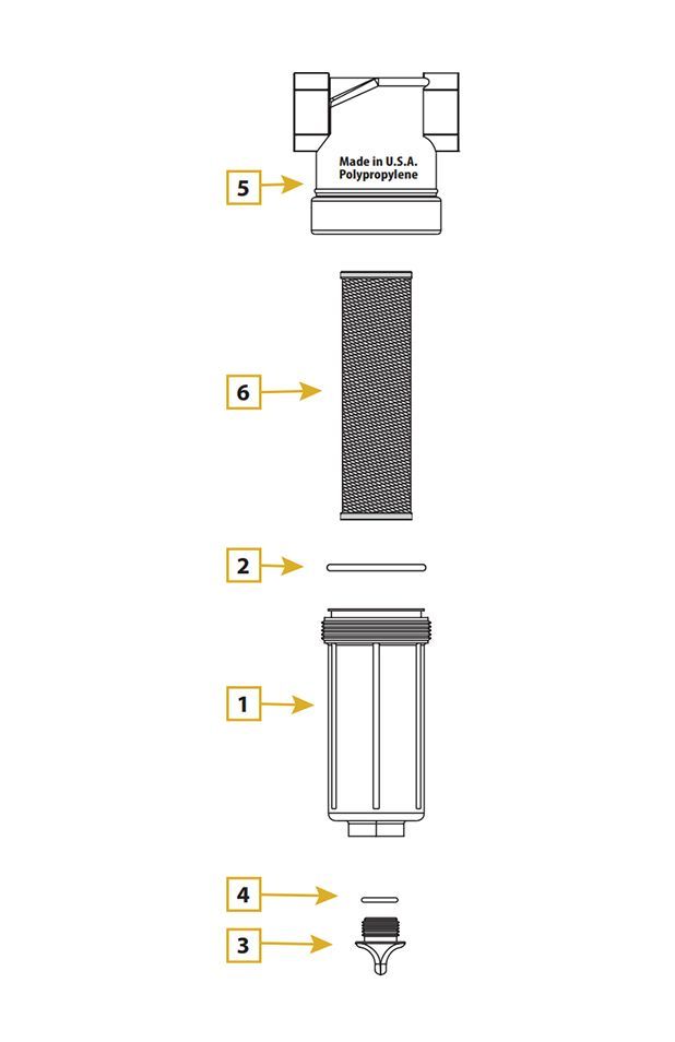 Exploded diagram of a water filter assembly with numbered components.