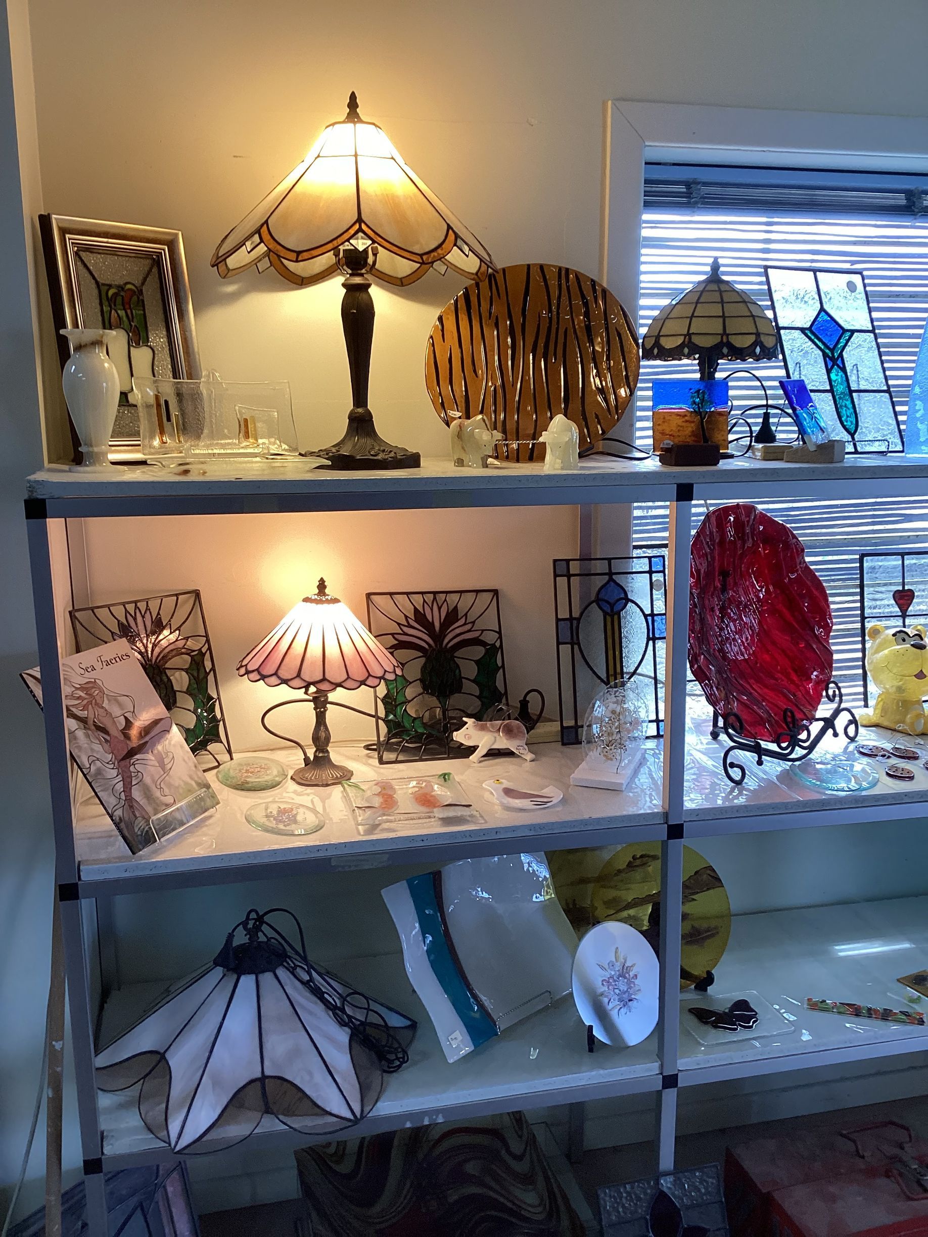 A Stained Glass Lamp Shade With A Blue And Grey Design — Townsville Stained Glass In Aitkenvale, QLD