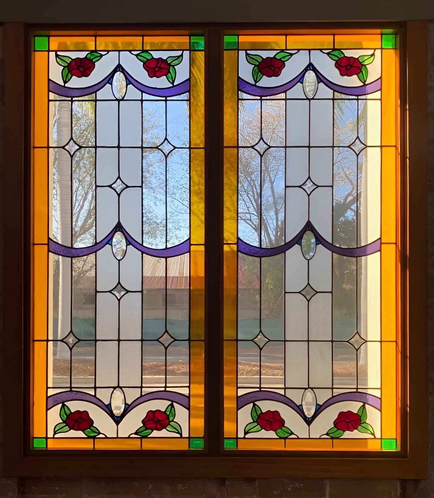 A Pair Of Stained Glass Windows With Roses On Them — Townsville Stained Glass In Aitkenvale, QLD 