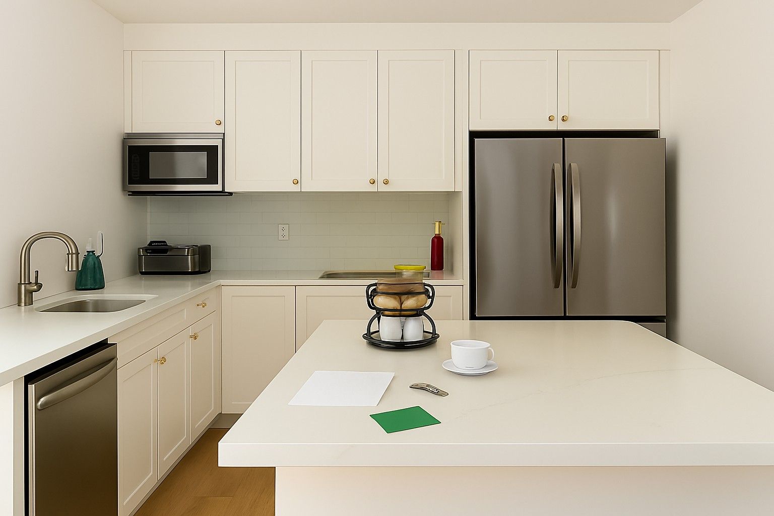 Cuisine lumineuse avec armoires blanches, électroménagers en acier inoxydable et îlot central.