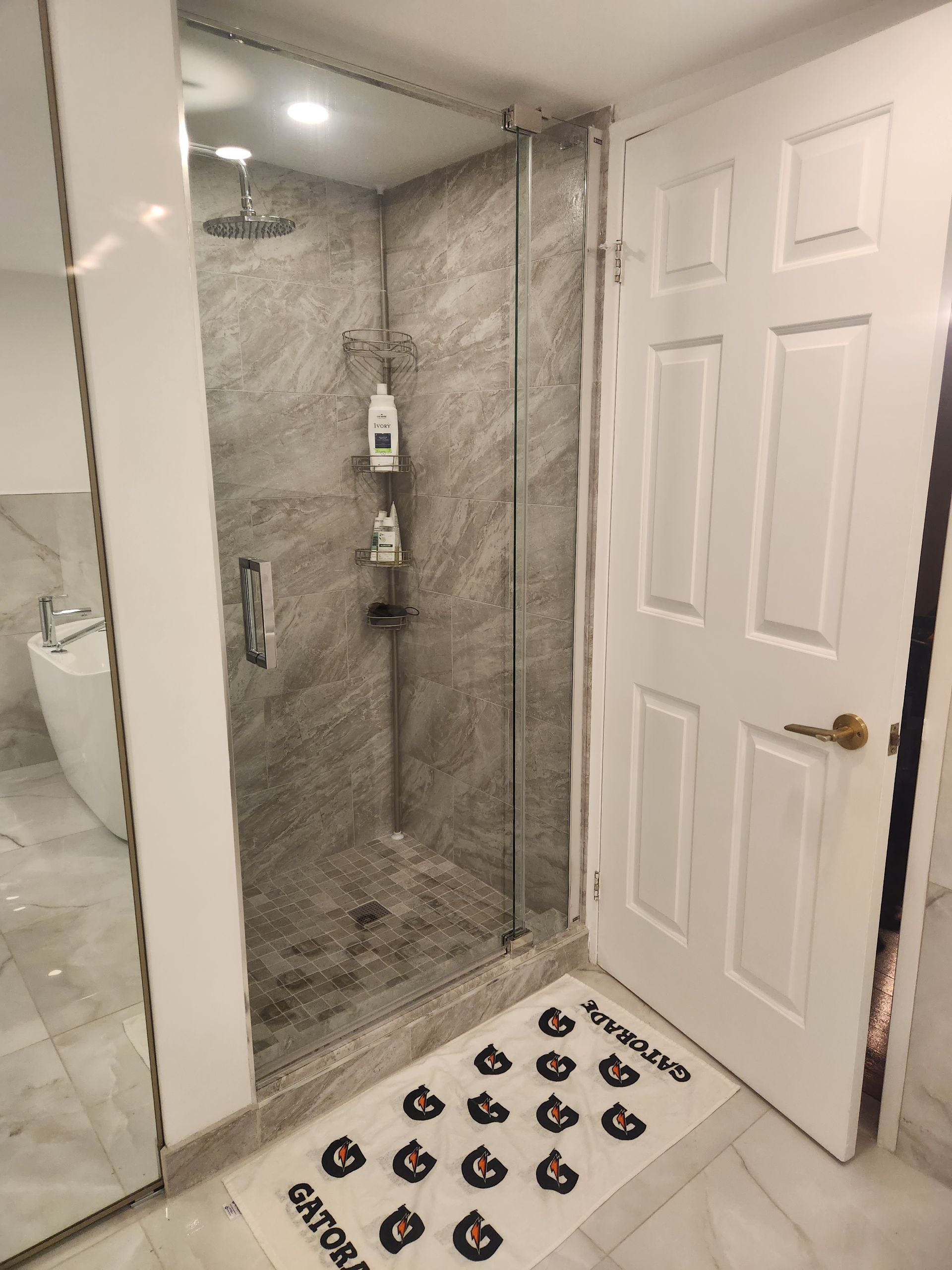 Cabine de douche avec porte vitrée, carrelage gris, porte blanche et tapis à motifs.