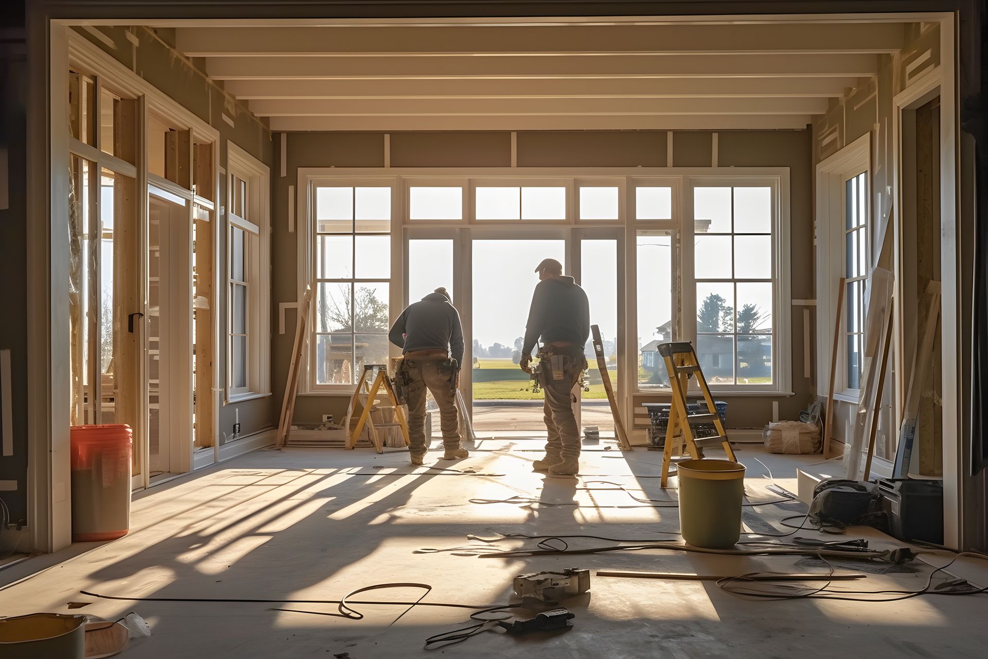 Deux ouvriers du bâtiment à l'intérieur d'un bâtiment en construction avec de grandes fenêtres, de la lumière du soleil, des outils et des cadres en bois.