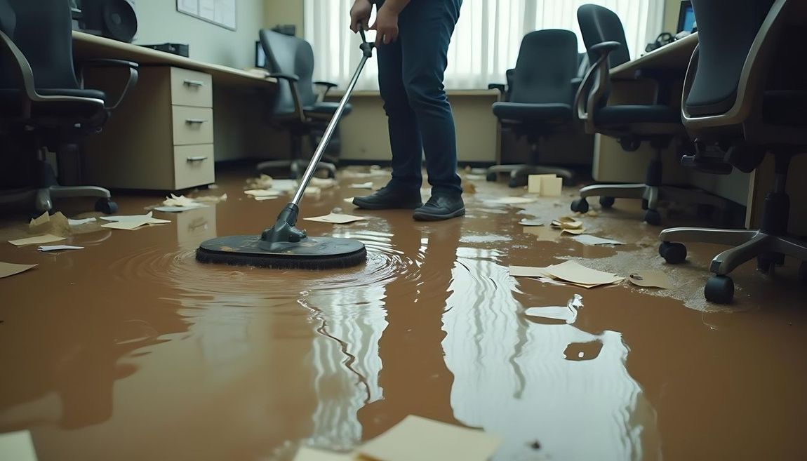 A person mopping a flooded office floor, brown water, debris, desks, and chairs are visible.