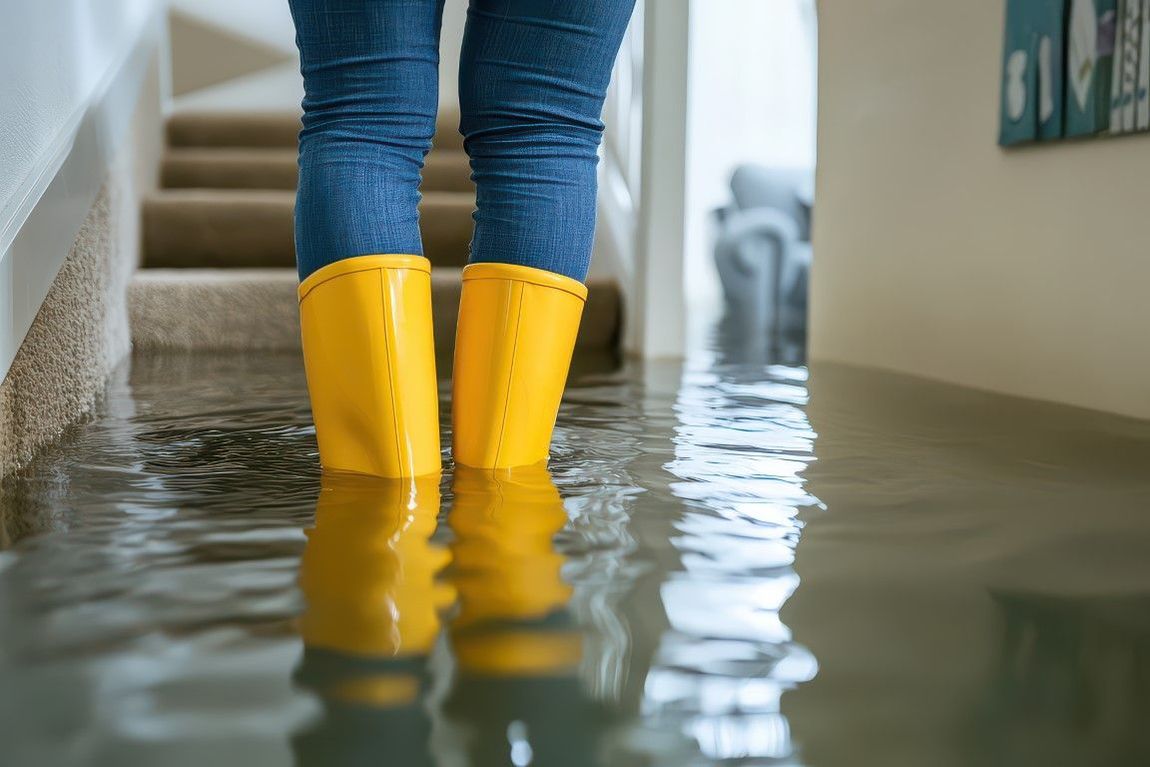 Person in yellow boots standing in flooded hallway.