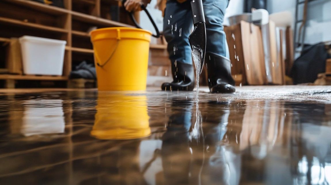 Person in boots mopping a wet floor with a yellow bucket reflecting on the surface in a workshop.