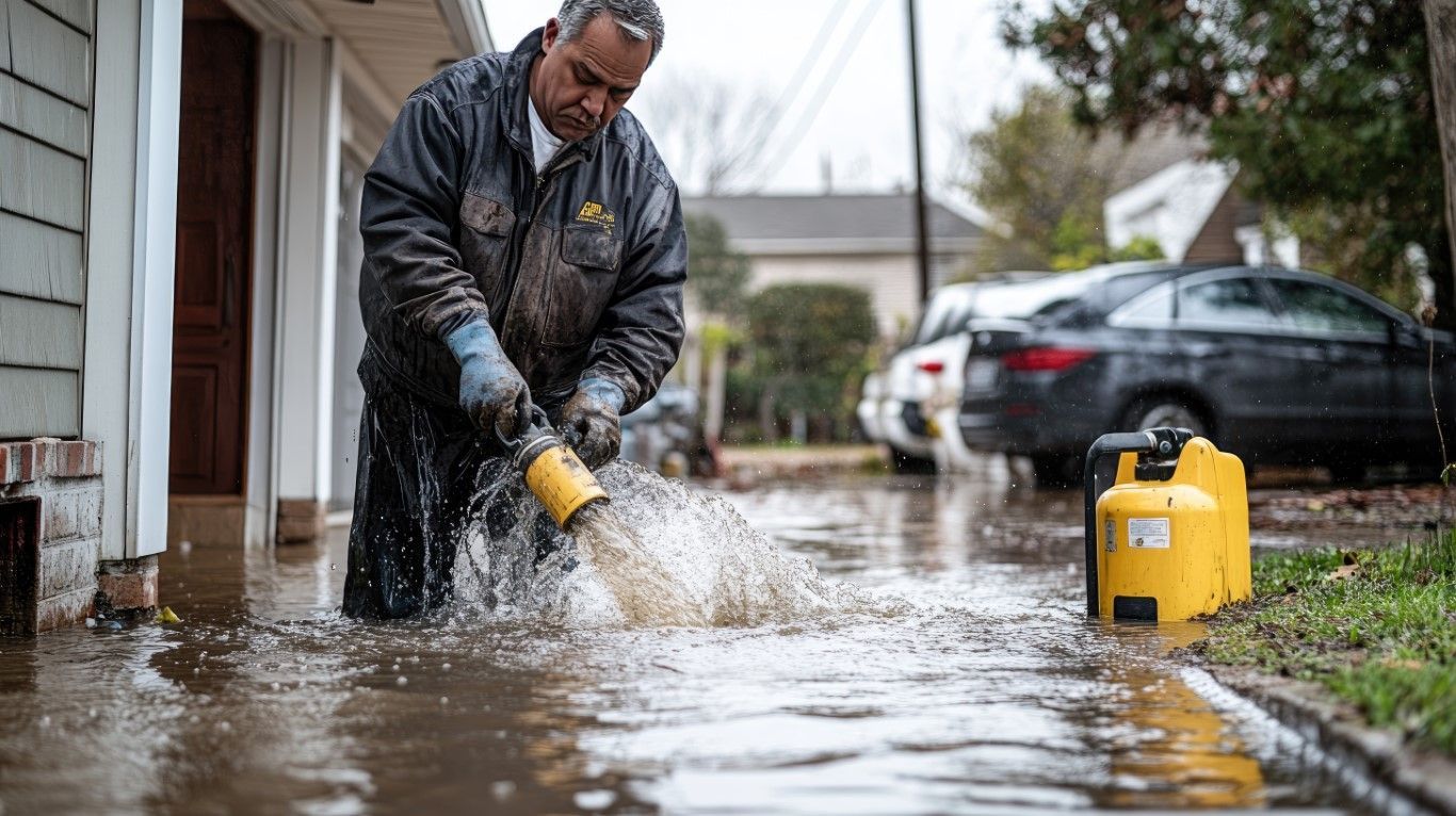 Man using a pump to remove floodwater from a flooded driveway; cars in the background.