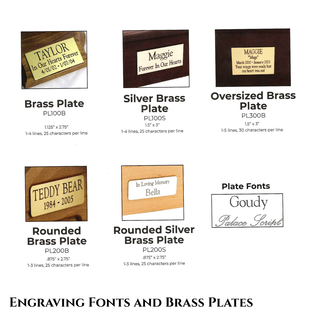 Different views of brass and silver nameplates for engraving, one font in cursive and one print.