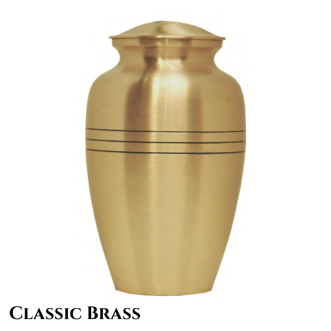 Brass, vase-shaped urn with two horizontal black stripes around the widest part of the urn.