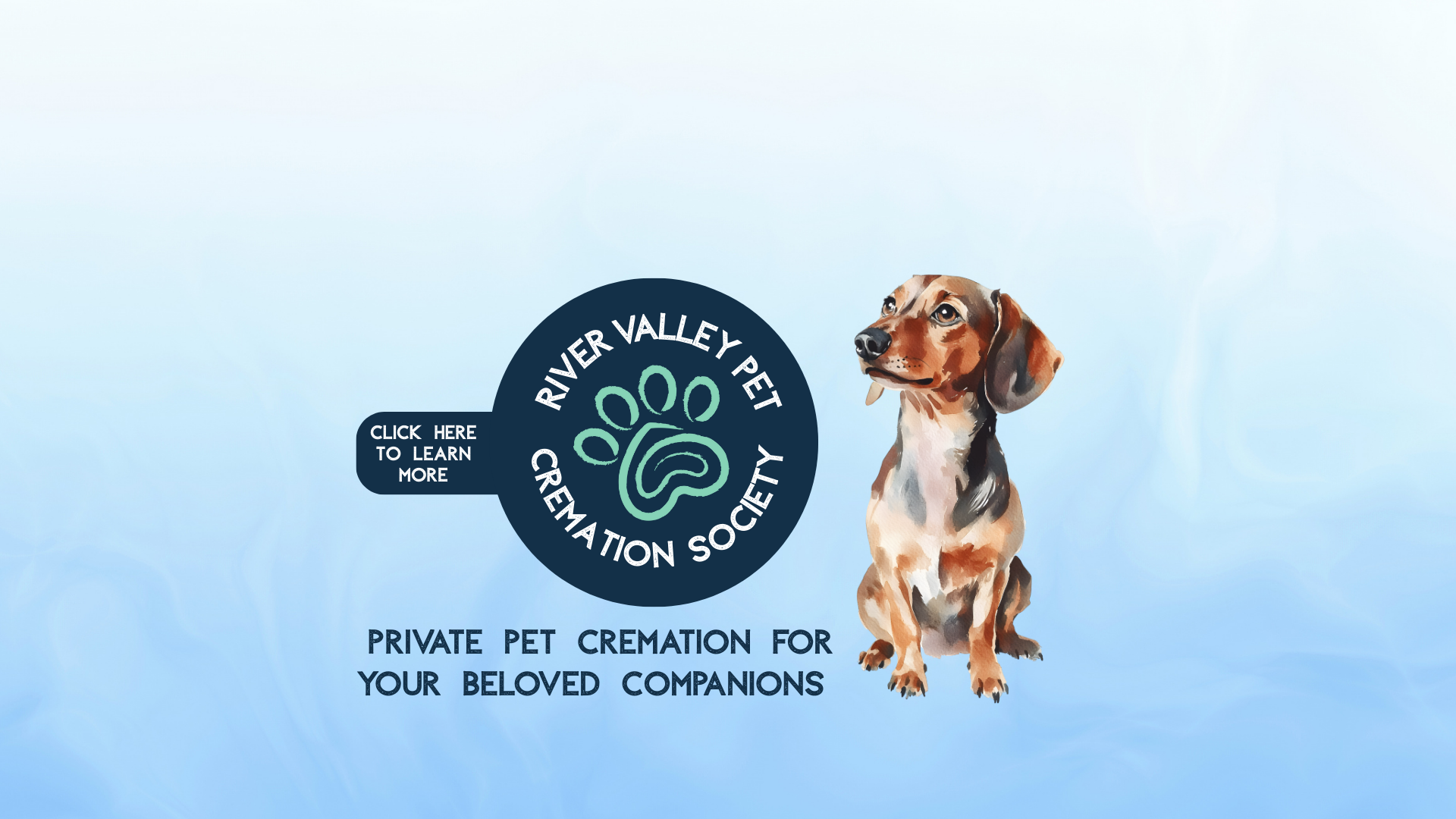 Dog in River Valley Pet Cremation ad. Includes a call to action to join the Pet Cremation Society.