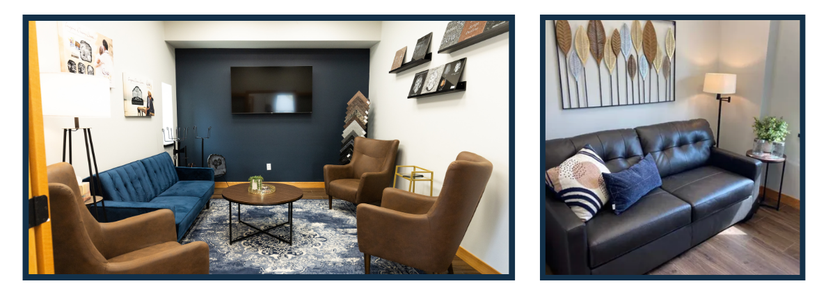 two photos, side by side, of two rooms with comfortable furniture, suitable for a family to sit in and say their final goodbyes to their beloved pet