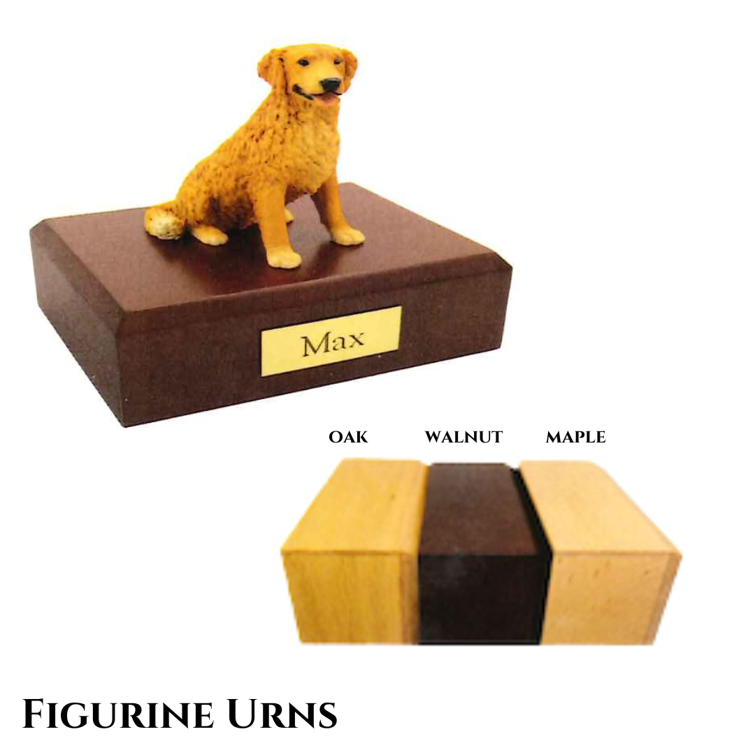 Figurine of a yellow dog atop a wooden urn.