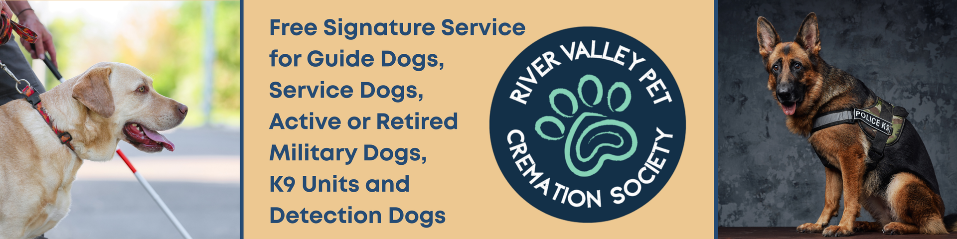 Free service for guide dogs, service dogs, military dogs, K9 units and detection dogs.