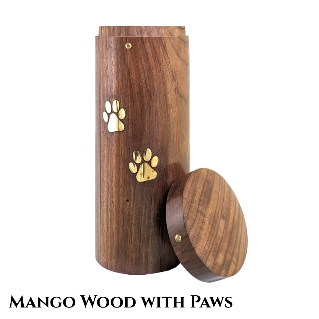 vertical wood urn 10 inches high with brass paw prints up the side and the like leaning against the base