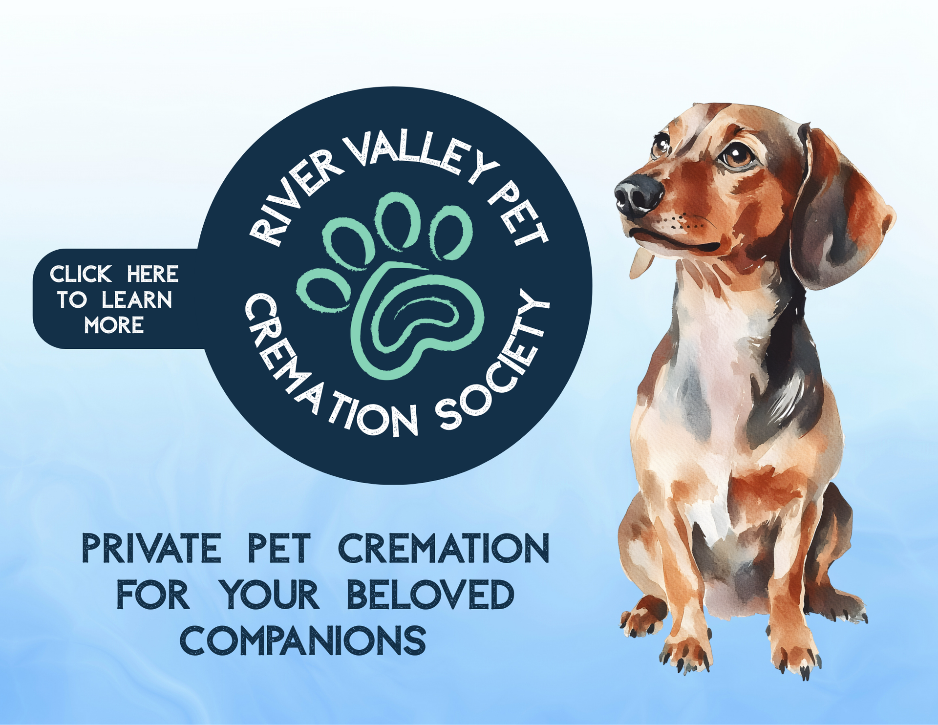 Dog and cat in River Valley Pet Cremation ad. Includes a call to action to join the Pet Cremation Society.