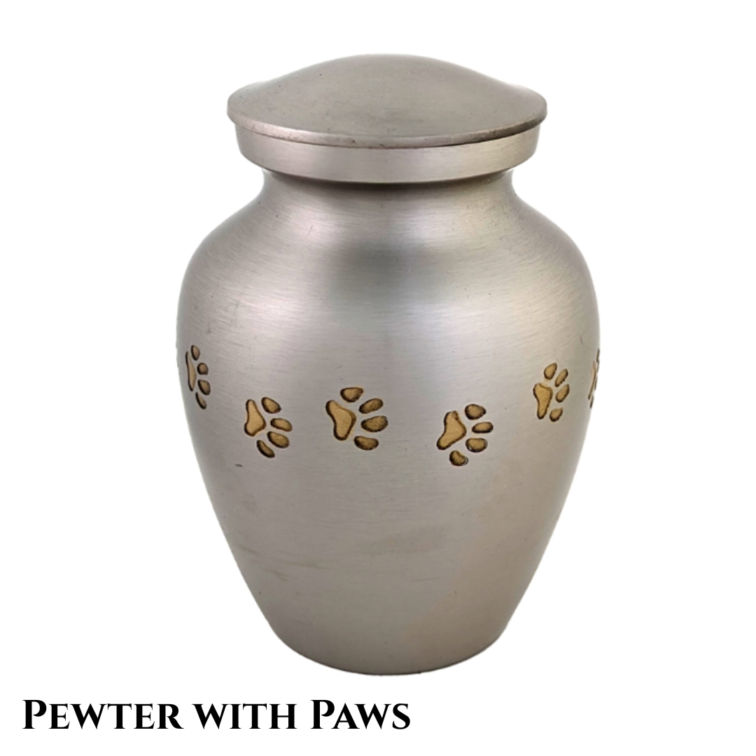 Pewter. vase-shaped urn with brass paw prints running horizontally across the body of the urn.
