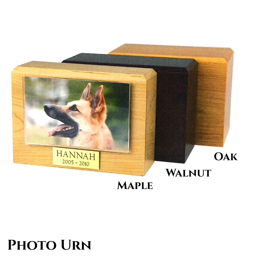 Three wooden urns in a row, with a photo of a dog and a brass, engraved nameplate on the front of the first urn.