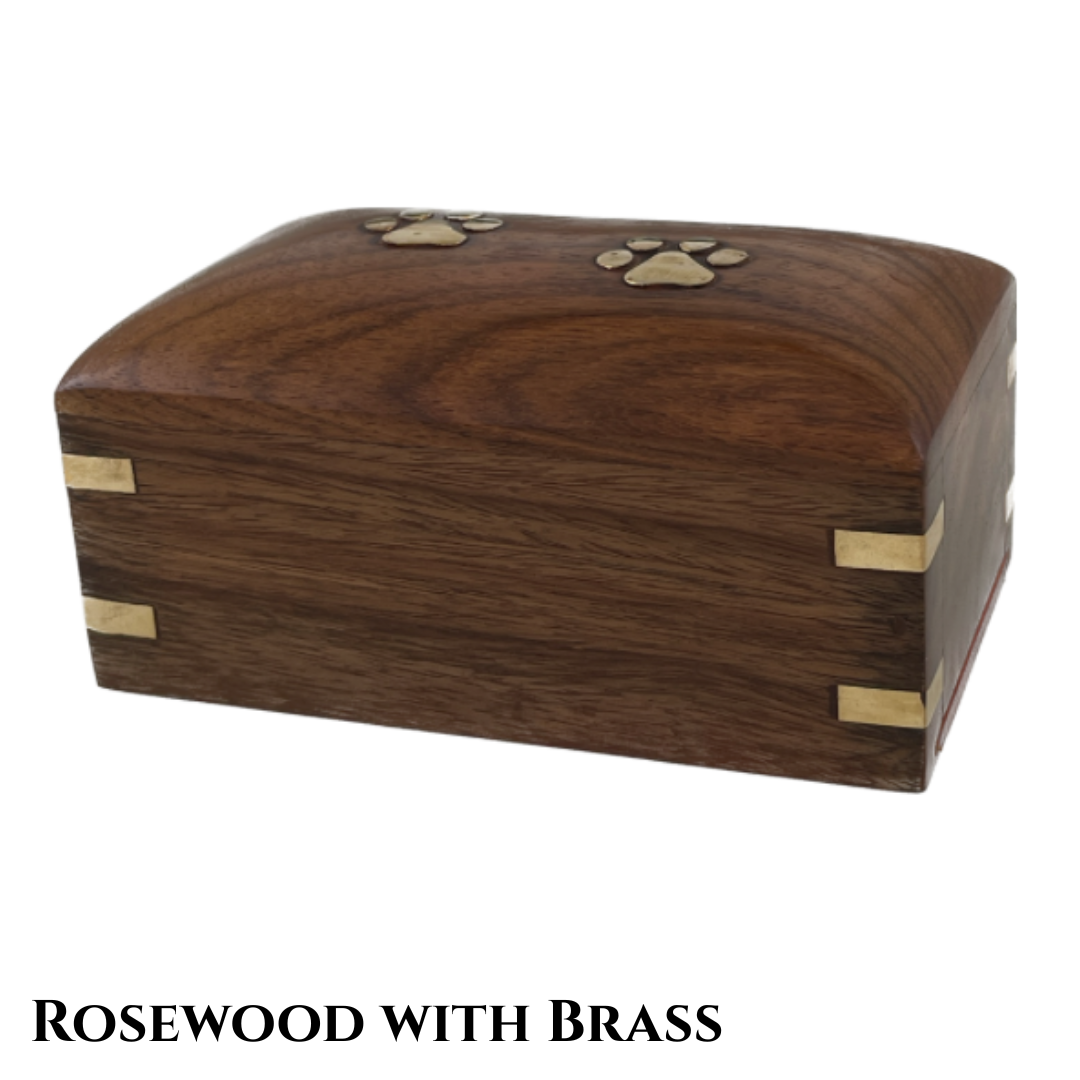 Brown rosewood box smaller than a shoebox with brass paw prints on top and brass accents on the corners.