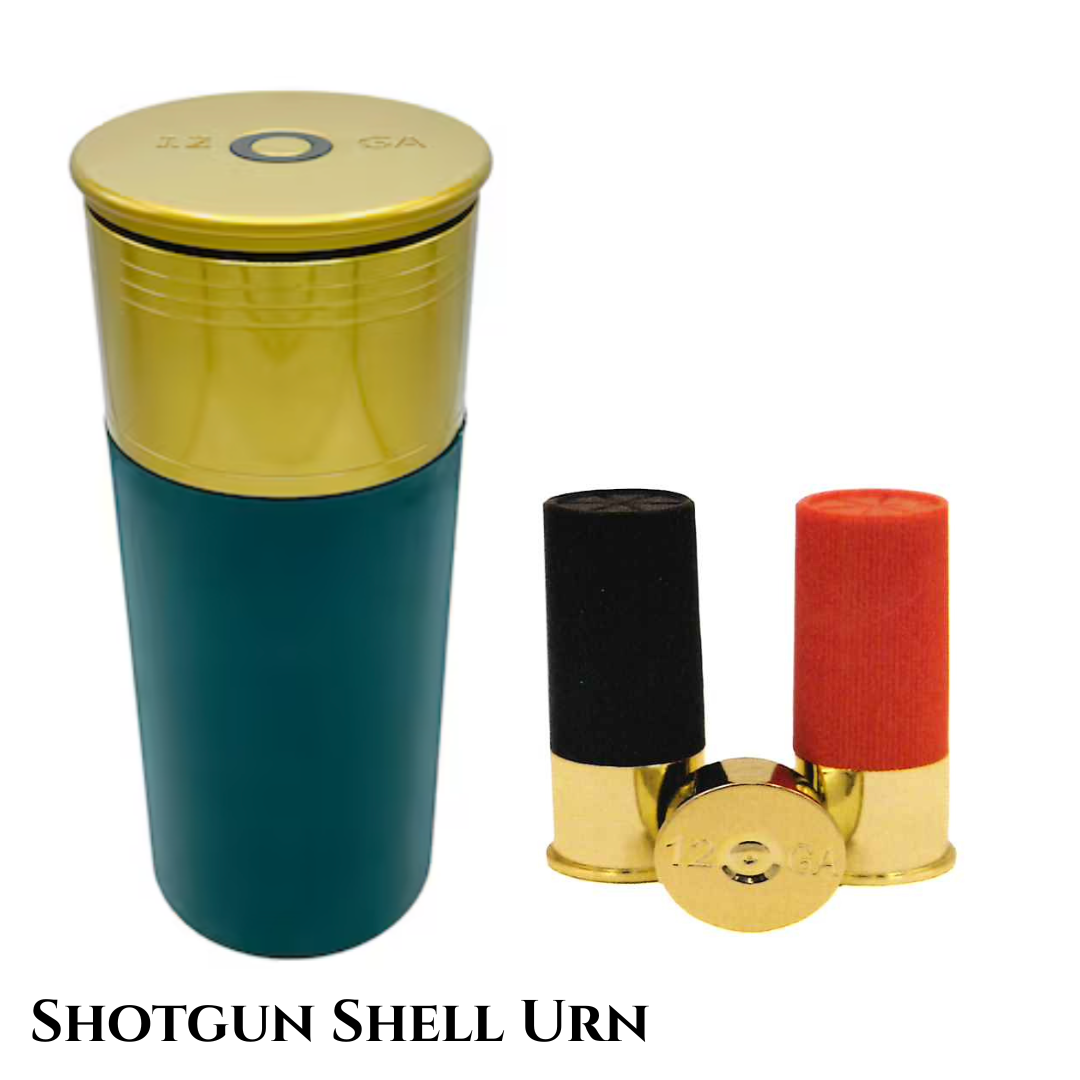 Three colorful shotgun shell urns between 4 and 10 inches tall used to store pet cremains.